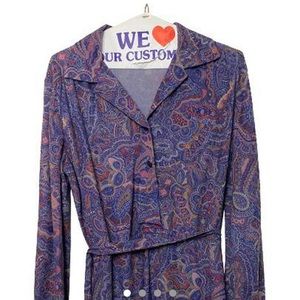 Vintage purple paisley winter midi dress with tie and buttons